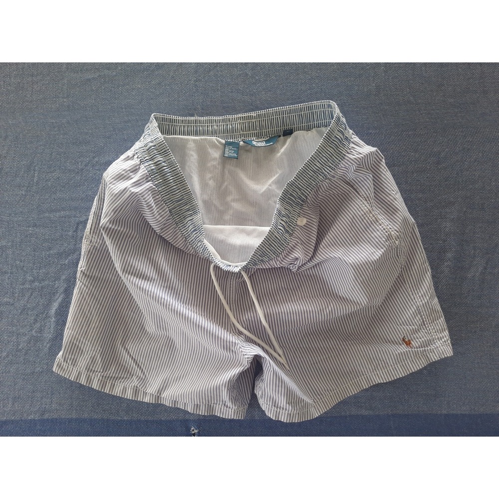 Polo Ralph Lauren Men XL Blue White Seersucker Striped Swim Trunks Shorts